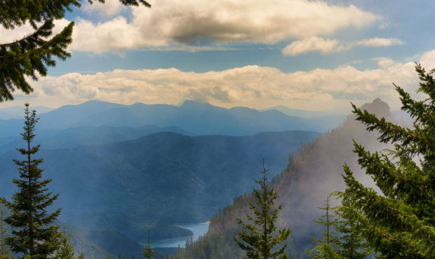 Landscape view of the Detroit Lake area while hiking in the Oregon Cascade Mountain Range. Photo co...