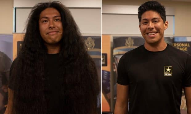 Reynaldo Arroyo, 23, cut his hair after growing it out for 15 years to join the Army....