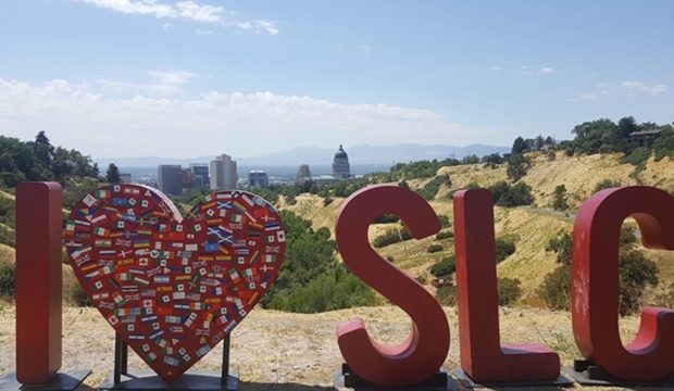 The I HEART SLC statue has been moved outside the Salt Palace to greet attendees of the UN Civil So...