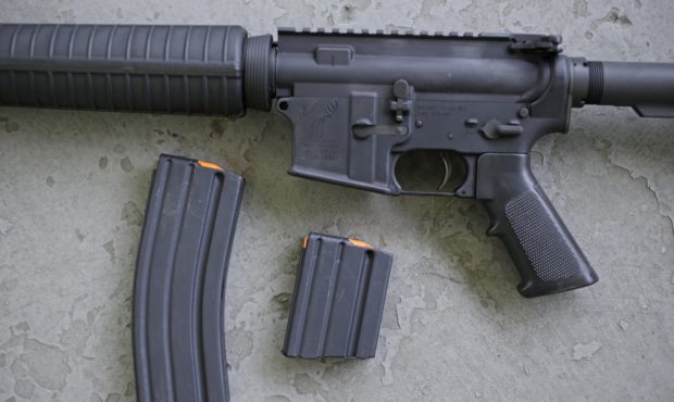 FILE - In this April 10, 2013, file photo, a stag arms AR-15 rifle with 30 round, left, and 10 roun...