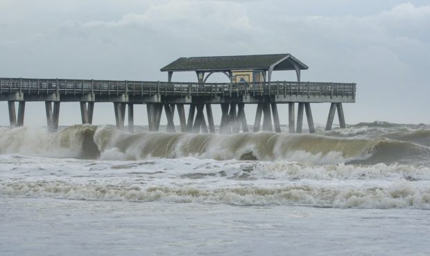 Large waves crashed onto the beach of Tybee Island, Ga., Wednesday, Sept. 4, 2019 as Hurricane Dori...