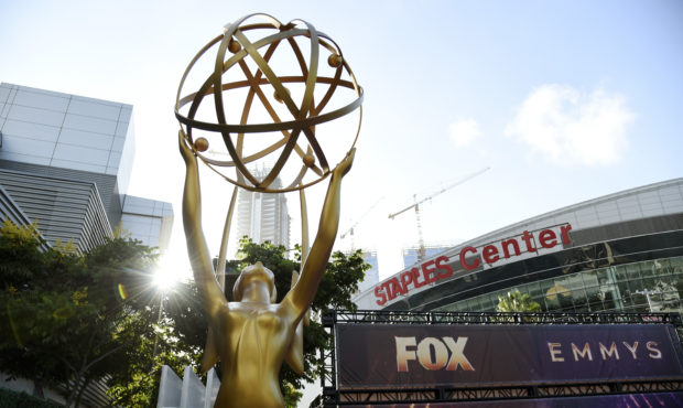 An Emmy statue stands outside the Microsoft Theater during Press Preview Day for Sunday's 71st Prim...