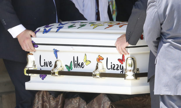 FILE - In this June 4, 2019, file photo, the casket for Elizabeth "Lizzy" Shelley is carried follow...