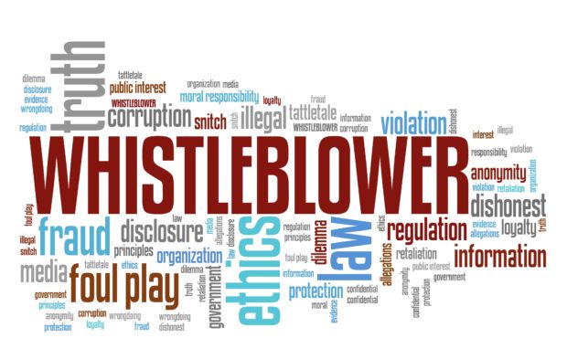 Whistleblower - company law violation. Moral responsibility concept word cloud....