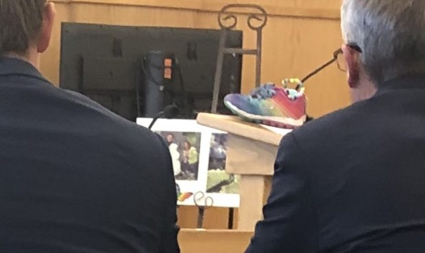 A pair of Lizzy Shelley's shoes, on the podium as a statement was read on behalf of her mother. The...