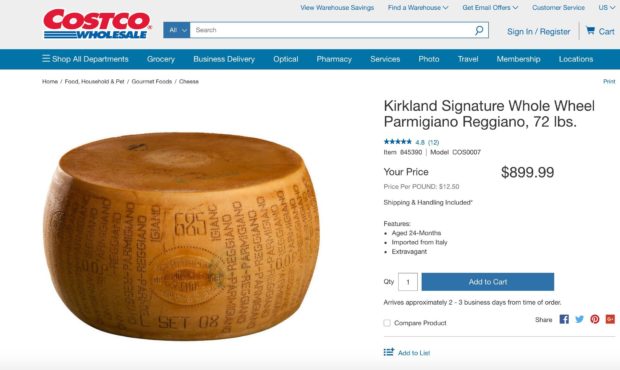 72-pound wheel of imported Parmigiano-Reggiano cheese....