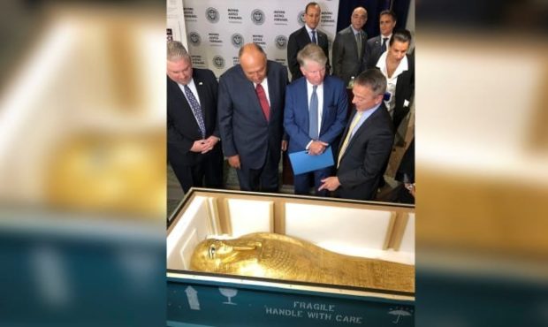 US and Egyptian officials view the coffin of Nedjemankh at a repatriation ceremony in New York....