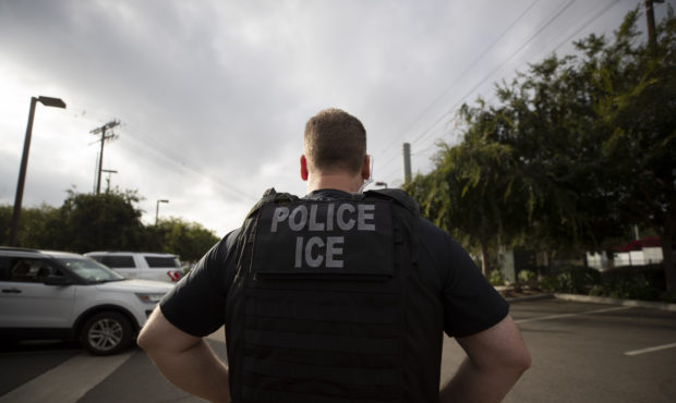 FILE - In this July 8, 2019, file photo, a U.S. Immigration and Customs Enforcement (ICE) officer l...