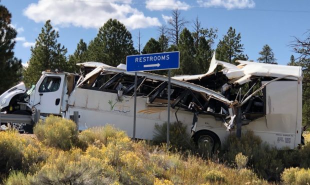 A bus involved in a fatal accident near Bryce Canyon on Friday, September 20, 2019. 12 people remai...