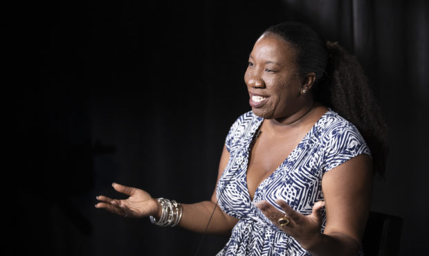 In this Friday, Oct. 11, 2019, photo Tarana Burke, founder and leader of the #MeToo movement, gestu...