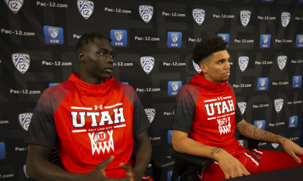 Utah's Both Gach, left, and Timmy Allen speak during the Pac-12 NCAA college basketball media day T...