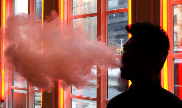 FILE - In this Feb. 20, 2014, file photo, a patron exhales vapor from an e-cigarette at a store in ...