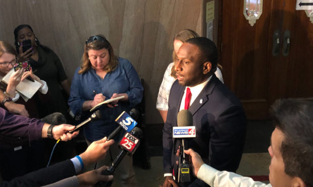 Oklahoma State Rep. Jason Lowe speaks to the media Monday, Oct. 7, 2019 in Oklahoma City after he a...