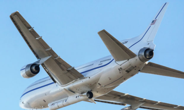 In this Oct. 1, 2019 photo made available by NASA, a Northrop Grumman L-1011 Stargazer aircraft tak...