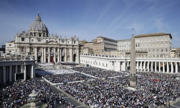 Faithful gather in St. Peter's Square at the Vatican, Sunday, Oct. 13, 2019. Pope Francis on Sunday...