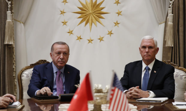 Vice President Mike Pence meets with Turkish President Recep Tayyip Erdogan at the Presidential Pal...