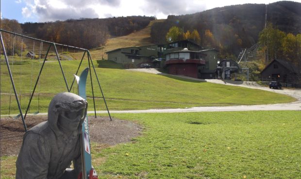 In this Oct. 23, 2019, photo, a sculpture of a skier and slopes, rear, await the ski season at Suga...