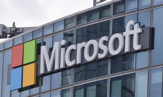 FILE - This April 12, 2016 file photo shows the Microsoft logo in Issy-les-Moulineaux, outside Pari...