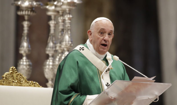 Pope Francis delivers his speech during a Mass for the closing of Amazon synod in St. Peter's Basil...