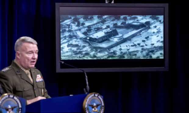 Video of the Abu Bakr al-Baghdadi raid is displayed as U.S. Central Command Commander Marine Gen. K...