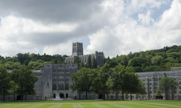 The Military Academy at West Point, New York. Parade grounds in foreground with Washington Mess Hal...