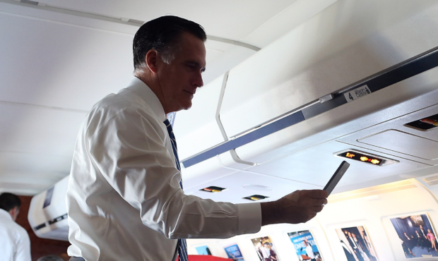 Mitt Romney Campaigns In Wisconsin And Ohio
IN FLIGHT- NOVEMBER 02: Republican presidential candida...