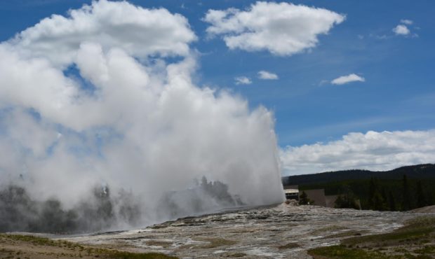 Old Faithful erupts in Yellowstone National Park in June 2019....