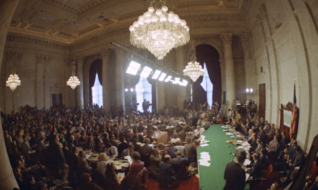 FILE - In this May 18, 1973, file photo, the hearing of the Senate select committee on the Watergat...