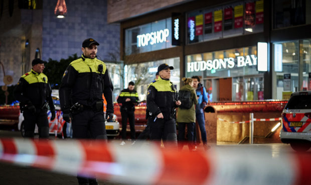 Dutch police secure a shopping street after a stabbing incident in the center of The Hague, Netherl...