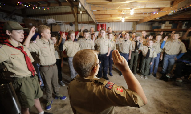 In this Thursday, Dec. 12, 2019 photo, a Boy Scouts troop gathers during their meeting, in Kaysvill...