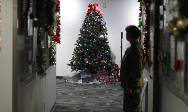 A decorated tree stands in the NORAD Tracks Santa Center at Peterson Air Force Base, Monday, Dec. 2...