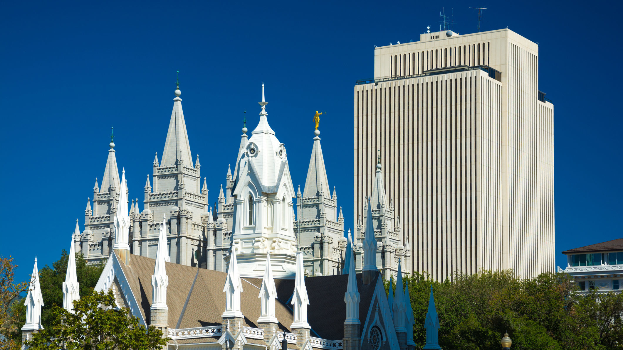 Multiple Church of Jesus Christ of Latter-day Saints buildings are featured in the photo. The churc...