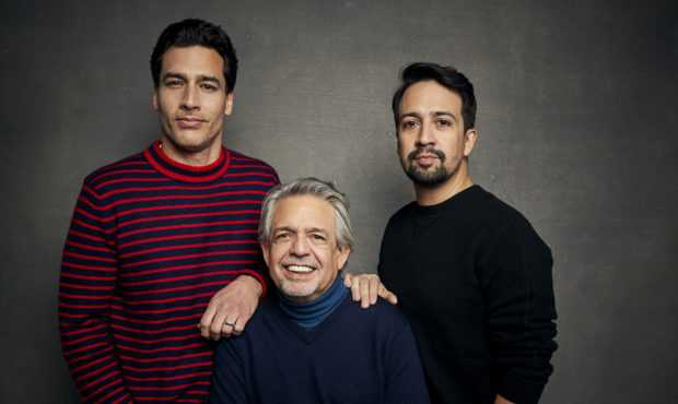 Director John James, from left, Luis Miranda, and Lin-Manuel Miranda pose for a portrait to promote...