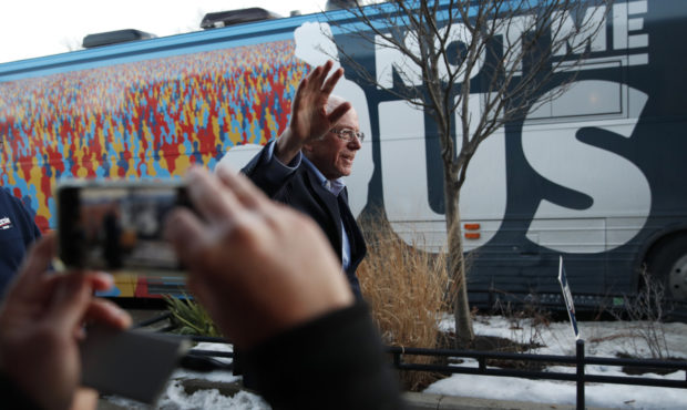 Democratic presidential candidate Sen. Bernie Sanders, I-Vt., waves as he leaves after speaking at ...