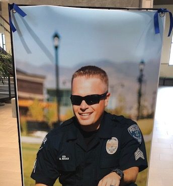 Fallen Herriman Police K9 Hondo is remembered in this photo at City Hall. He was shot and killed wh...