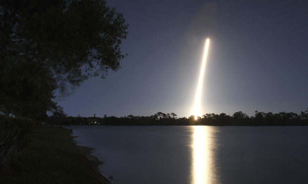 A time exposure from Viera, Fla., shows the launch of a SpaceX Falcon from Cape Canaveral, Fla., Fr...