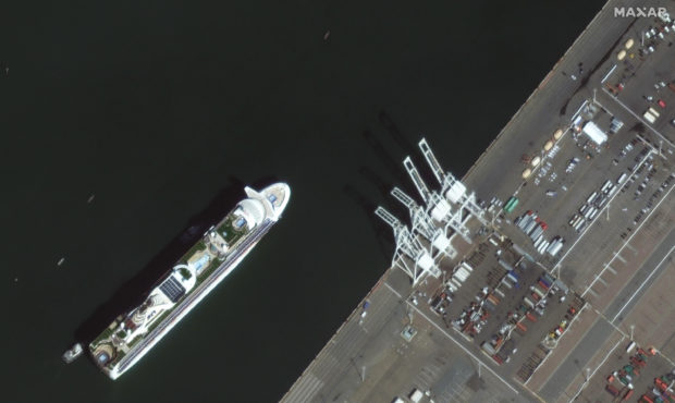 In this satellite image provided by Maxar Technologies, the Grand Princess cruise ship is seen as i...