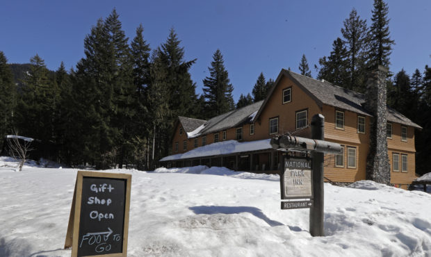 A sign at the National Park Inn at Longmire offers food orders to-go from the inn's restaurant at M...