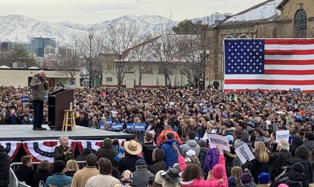 (Bernie Sanders, speaking to thousands of supporters at the Utah State Fairgrounds.  Credit: Paul N...
