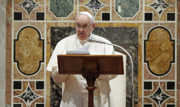 Pope Francis addresses diplomats during an audience for the traditional exchange of New Year greeti...