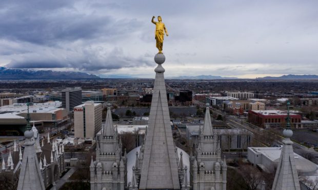 The Angel Moroni statue atop the Salt Lake Temple of The Church of Jesus Christ of Latter-day Saint...