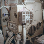 This April 1970 photo made available by NASA shows the interior of the Apollo 13 lunar module with the "mail box," an ad hoc device which the crew assembled while in space to remove carbon dioxide from the air. It was designed and tested on the ground in Houston. Because of the explosion of one of the oxygen tanks in the service module, the three men had to use the lunar module as a "lifeboat" on their way back to Earth. (NASA via AP)