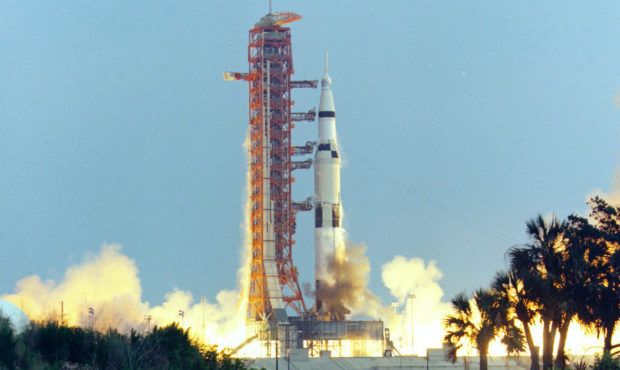 In this April 11, 1970 photo made available by NASA, the Saturn V rocket carrying the crew of the A...