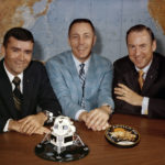 In this April 10, 1970 photo made available by NASA, Apollo 13 astronauts, from left, Fred Haise, Jack Swigert and Jim Lovell gather for a photo on the day before launch. (NASA via AP)