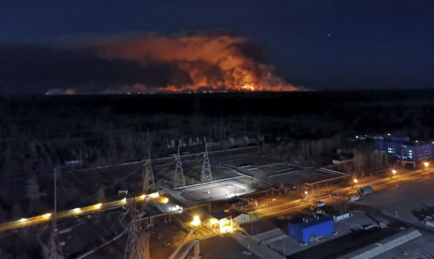 In this photo taken from the roof of Ukraine's Chernobyl nuclear power plant late Friday April 10, ...