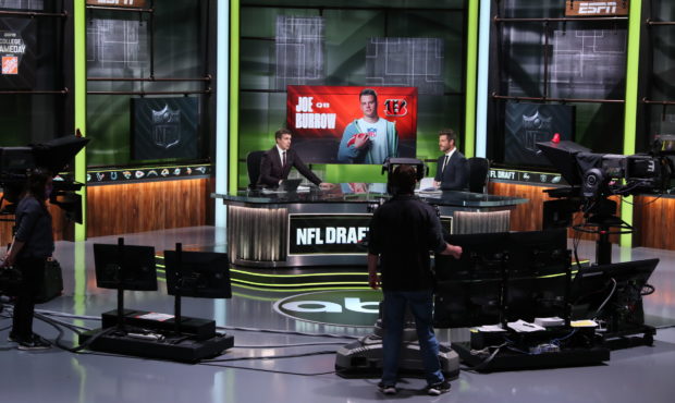 In a photo provided by ESPN Images, ESPN provides coverage of the NFL football draft, Thursday, Apr...