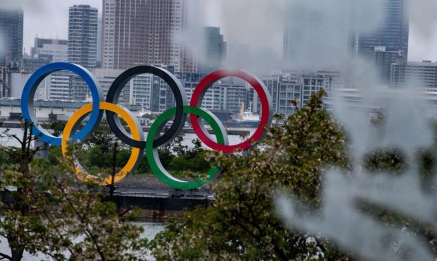 A general view shows the Olympic Rings at Odaiba waterfront in Tokyo on April 20, 2020. - A Japanes...