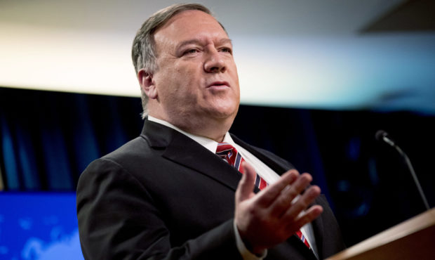 FILE - In this April 29, 2020, file photo Secretary of State Mike Pompeo speaks at a news conferenc...