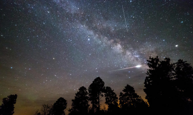 HGRH4K An Eta Aquarid meteor exploding over pine trees on the Coconino Rim along the Arizona Trail....