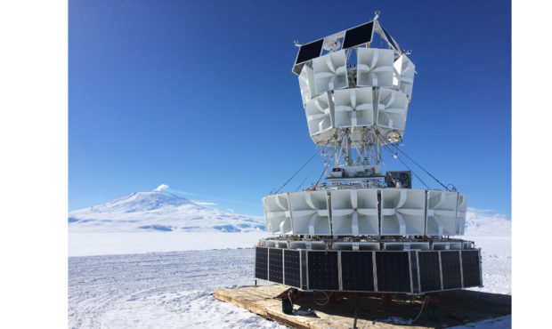 ANITA's 48 antennas are aimed down at the Antarctic ice on a 25-foot-tall gondola.
Credit:	Christia...